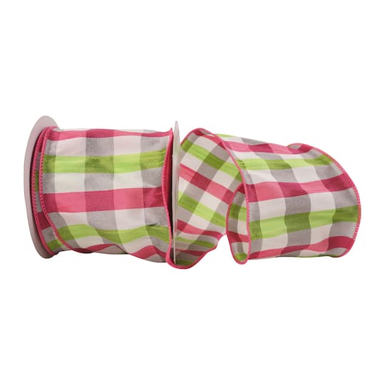 JAM Paper 4" x 10yd. Fuchsia & Lime Check Wired Dupioni Ribbon